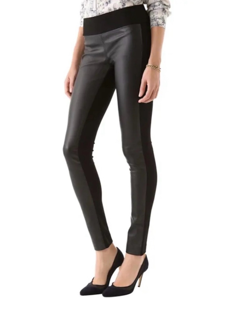 Club Monaco Tasha Vegan Black Faux Leather Leggings with Knit Waist Size 4